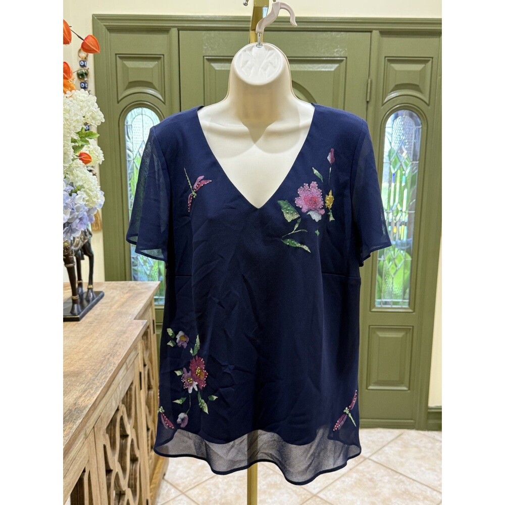Karin Stevens Navy Blue Embroidered Floral Blouse – Women's Size 14W